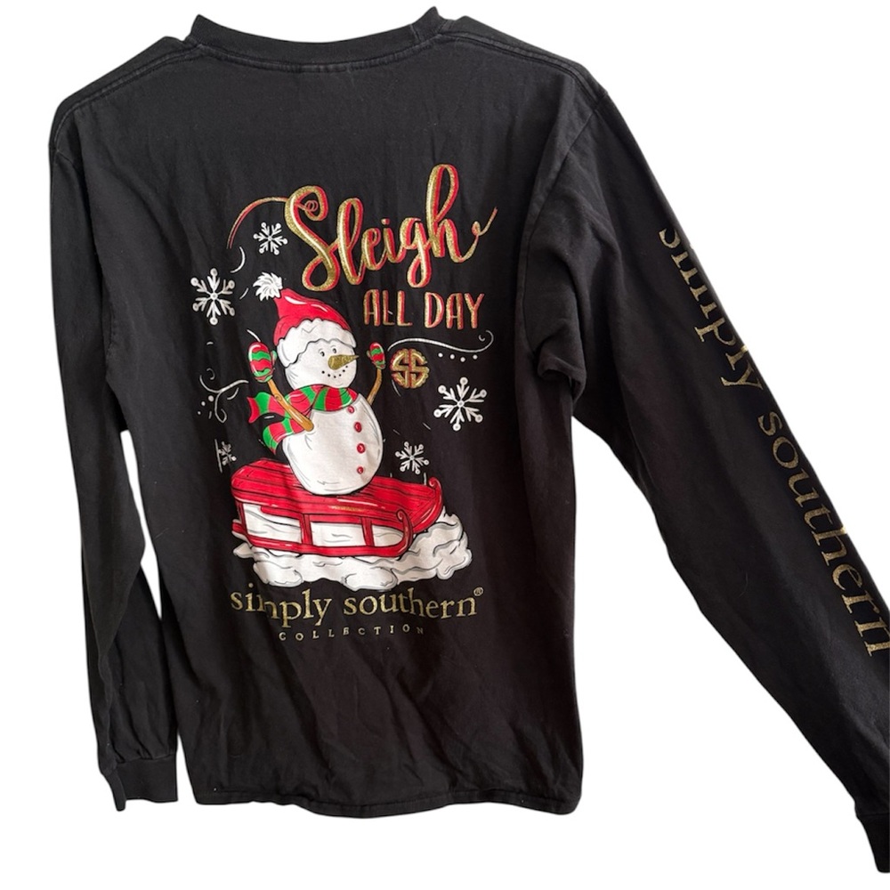 Simply Southern Black Snowman Long Sleeve Shirt Women Medium Long Sleeve